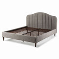 Upholstered queen bed frame with wooden slats and a soft grey finish