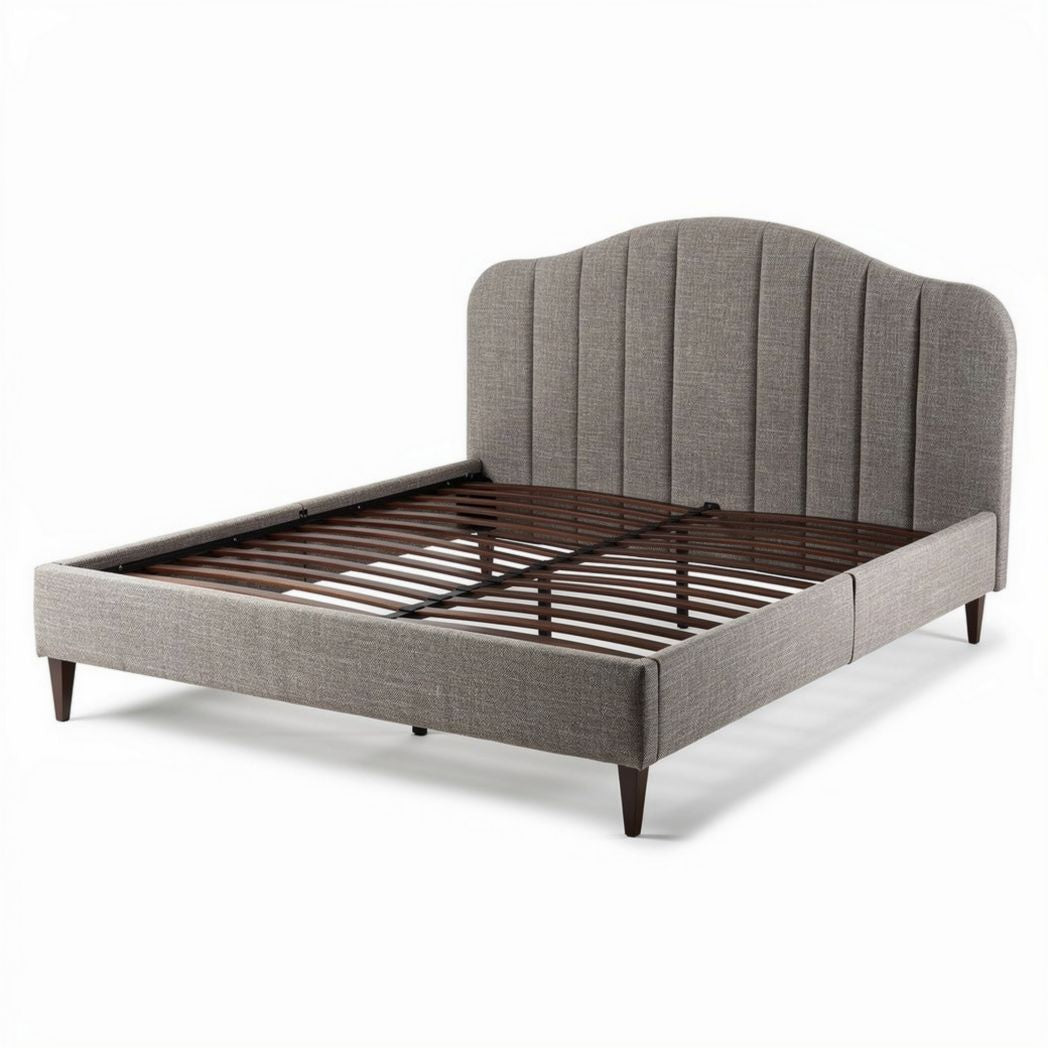 Upholstered queen bed frame with wooden slats and a soft grey finish