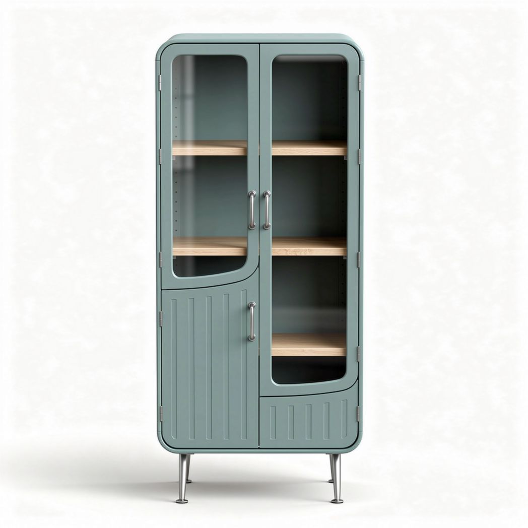 Metal storage cabinet with glass doors and wooden shelves 70 x 40 x 180cm