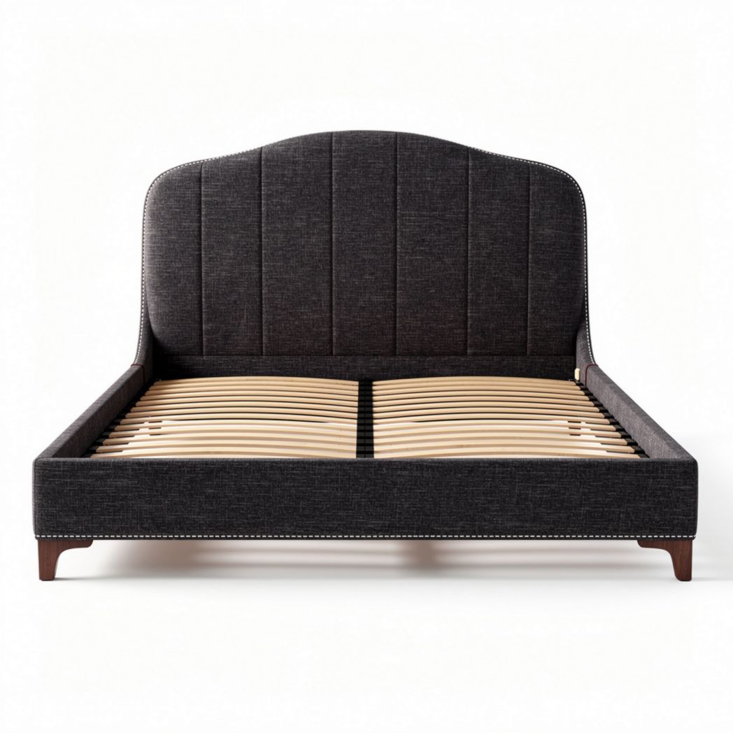 Fabric upholstered bed frame with wooden slats and curved headboard 200 x 160 x 100cm