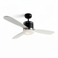 Ceiling fan with three blades and integrated LED light in black and white