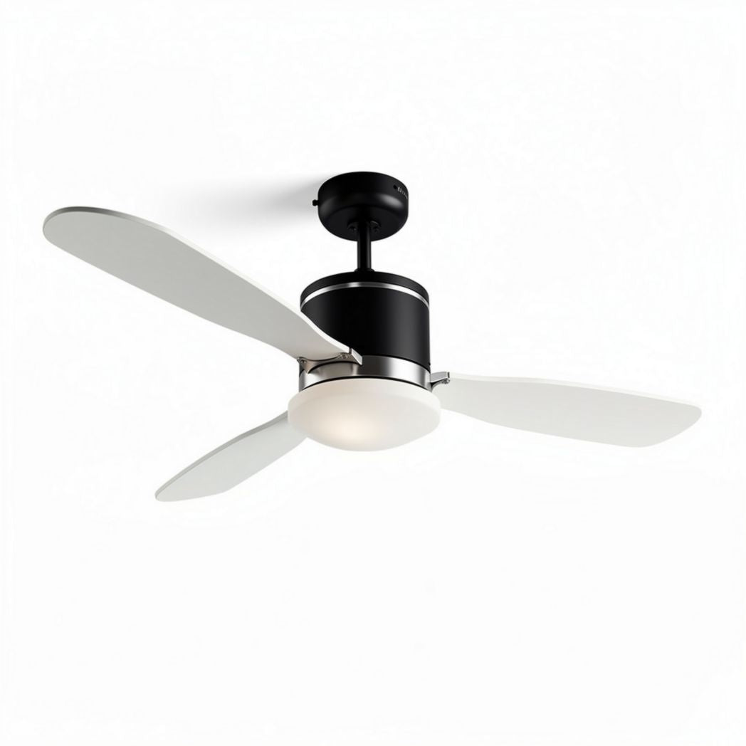 Ceiling fan with three blades and integrated LED light in black and white
