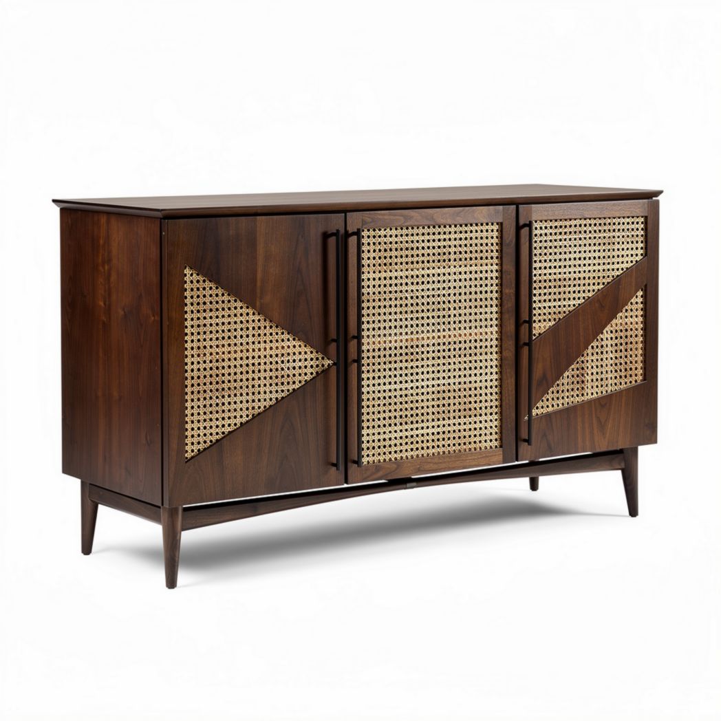 Wooden sideboard cabinet with cane pattern doors for living room storage 120 x 45 x 75cm