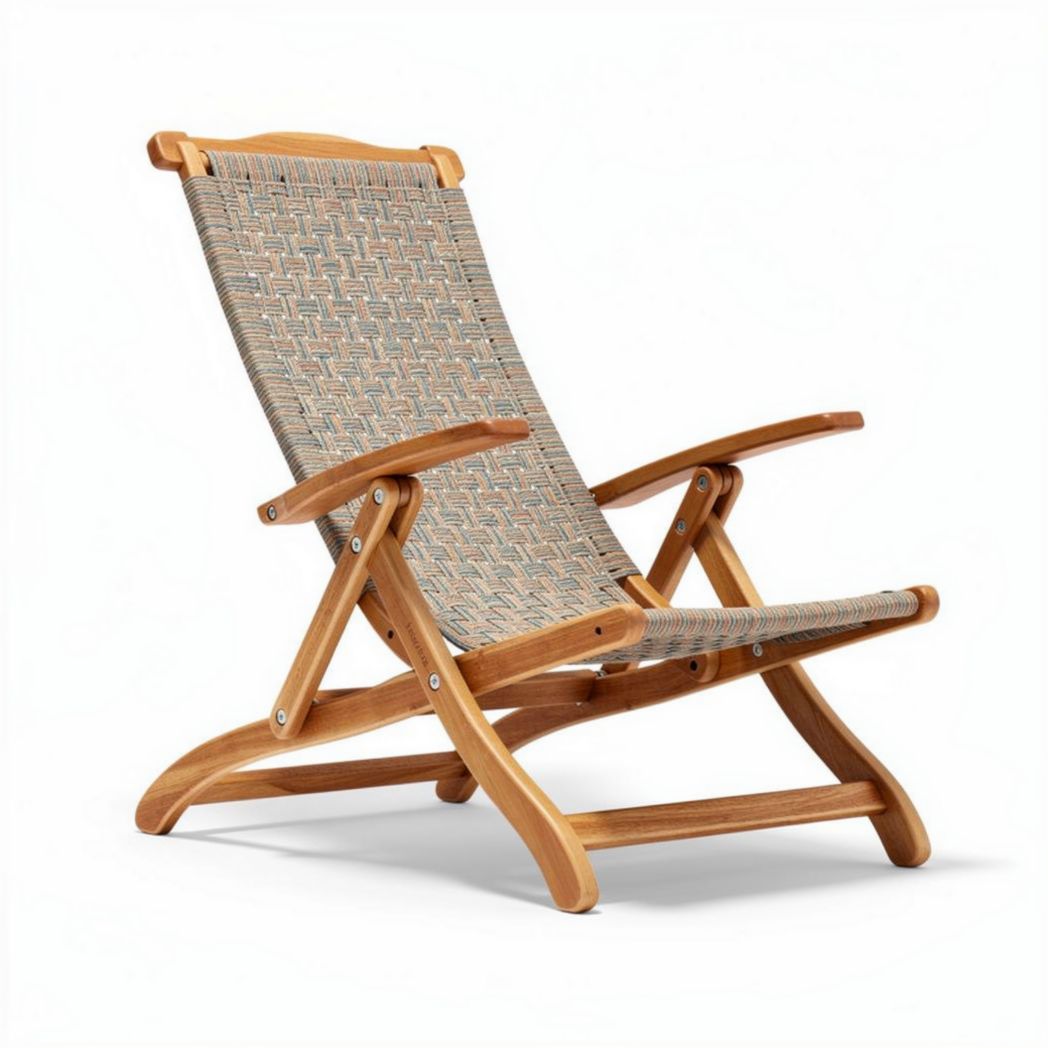 Wooden folding chair with woven seat and backrest for outdoor use