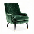 Green velvet upholstered accent chair with diamond stitching and black legs