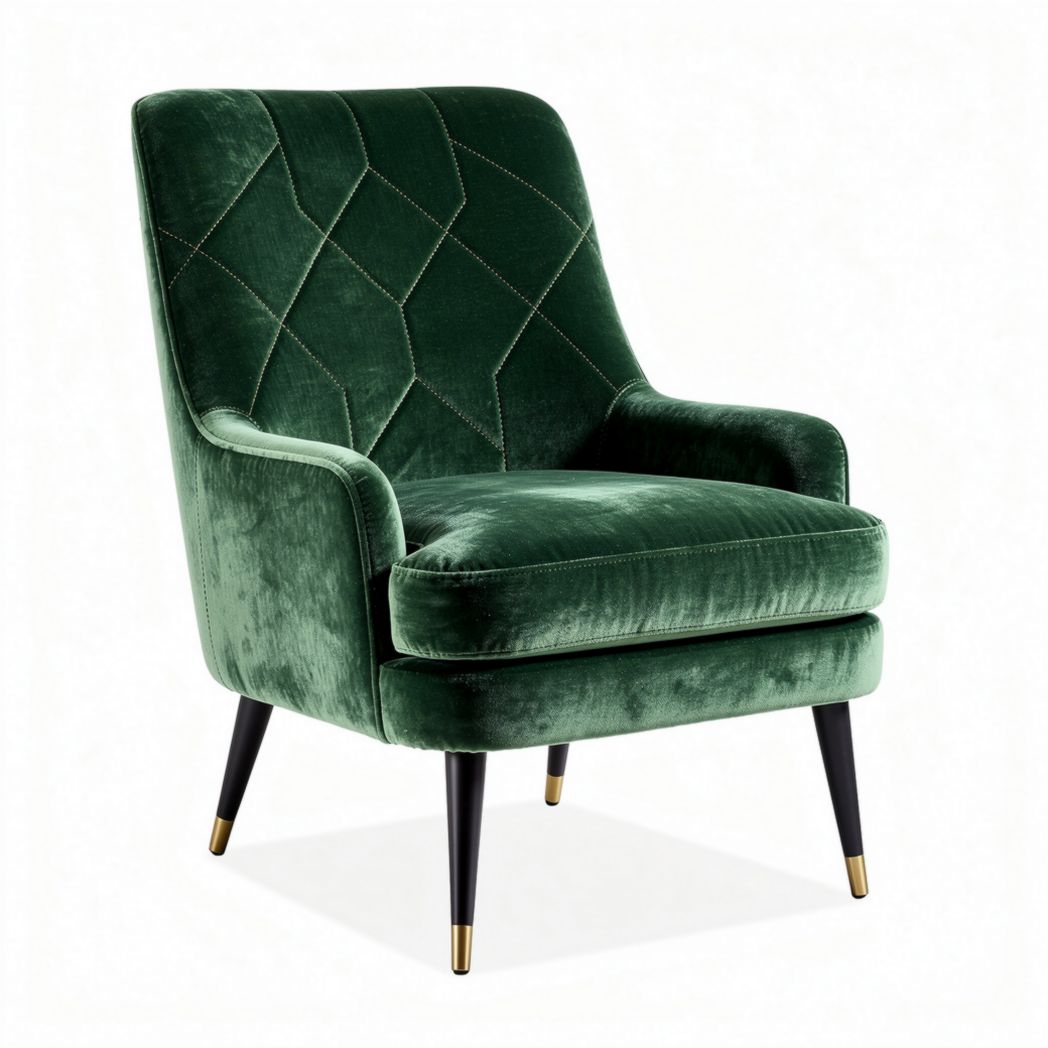 Green velvet upholstered accent chair with diamond stitching and black legs