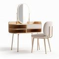 Vanity table set with oval mirror and upholstered chair in natural wood finish