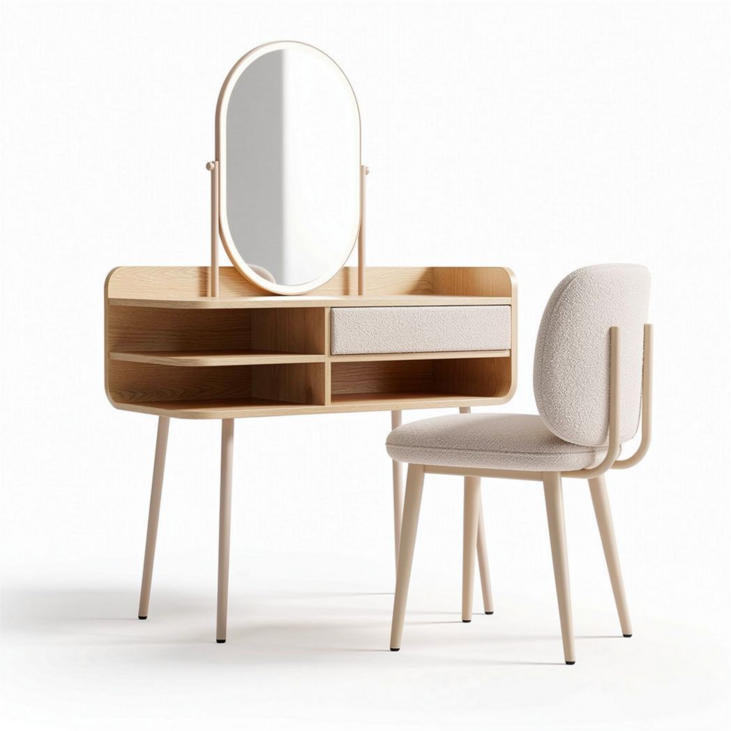 Vanity table set with oval mirror and upholstered chair in natural wood finish